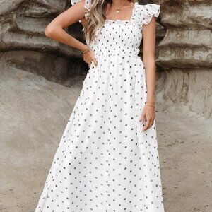 Polka Dot Flutter Sleeve Smocked Maxi Dress